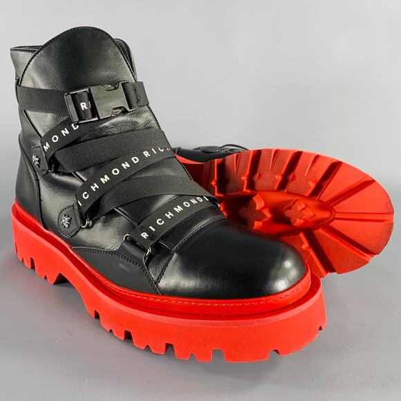 JOHN RICHMOND Size 13 Black Red Solid Leather Track Sole Boots main image 11